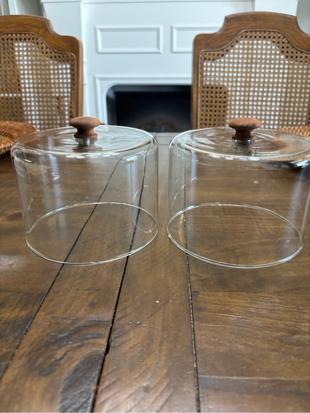 Two glass dome covers with wood handles